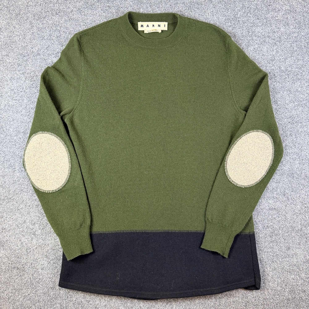 Marni Sweater Mens 44 Medium Green Colorblock 100% Wool Elbow Patch Italy Made
